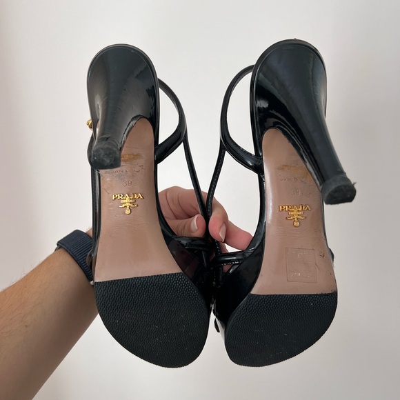 Prada Black Patent Leather Bow Tie Peep-toe Platform Heels - Picture 7 of 9
